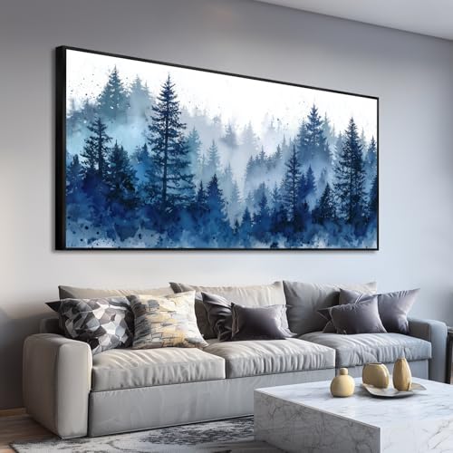 Large Blue Misty Forest Wall Art Watercolor Pine Tree Foggy