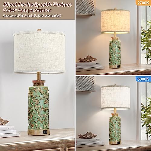 Table Lamps Set of 2 for Living Room Bedroom, Farmhouse Bedside Lamps with 2 USB Charging Ports, Tall Vintage Nightstand Lamps with Handmade Resin Base and Fabric Lampshade for End Table, Green Blue - Thumbnail 3