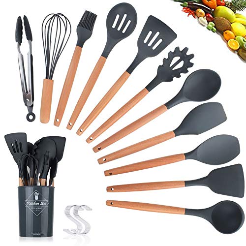 HoganeyVan Ustensiles de Cuisine en Silicone, poignée en Bois antiadhésive ustensiles de Cuisine résistant à la Chaleur Cuisson Ensembles d'outils de Cuisine 1 Set (11pcs + boîte de Rangement)