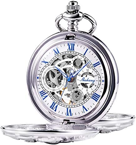 TREEWETO Mens Mechanical Pocket Watch Antique Dream Dragon Skeleton Silver Tone Double Open Case with China & Box Gift for Man Woman