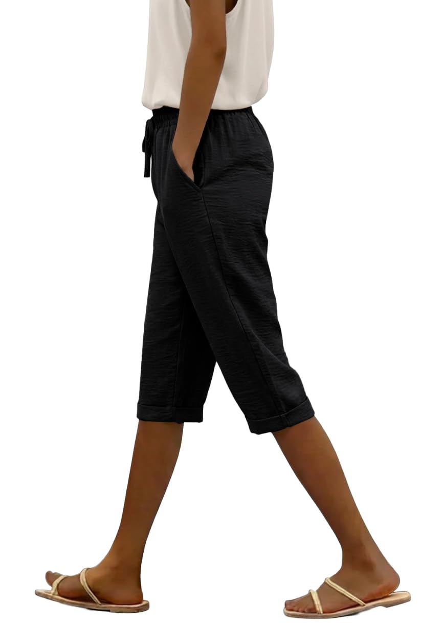 IWOLLENCE Kurze Hose Damen Sommer Knielange Hosen Shorts Sommerhosen Leicht Baggy Strand Mit Kordelzug Mit Taschen Mit festem Umschlag am Saum Mit elastischem Bund