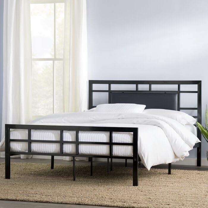 Image of Vegan Leather Metal Open-Frame Bed (or Upholstered Vegan Leather Metal Platform Bed) Geometric Open-Frame Grid Pattern on Both Headboard and Footboard.