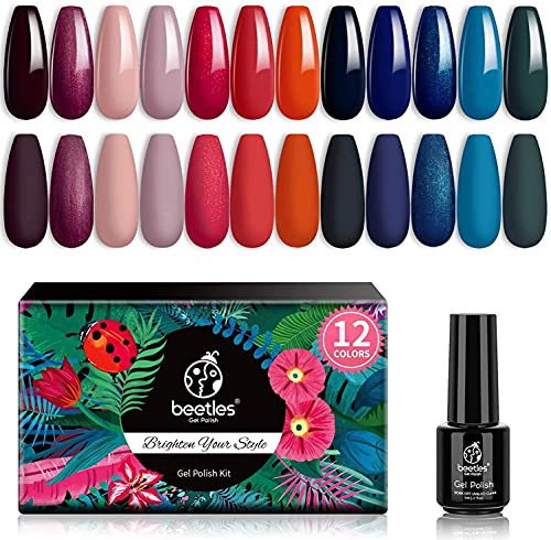 Beetles Esmaltes Semipermanentes de Uñas en Gel, Juego de Gel de Esmalte de Uñas 12 Colores 5ml, Seca bajo Lámpara UV LED Kit Manicura DIY