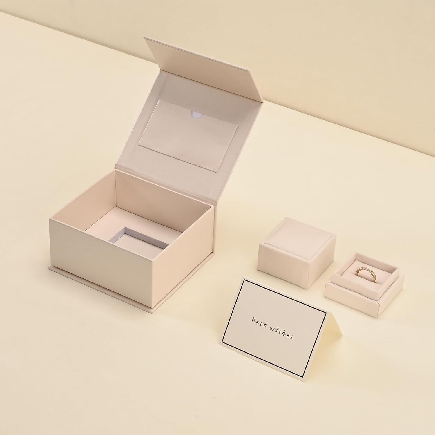 Oirlv Velvet Ring Gift Box with Exquisite Outer Packaging, Wedding Proposal Engagement Ring Box, Birthday Present Gift Box with Blank Greeting Card（White）