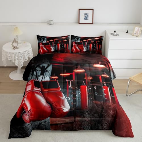 Image of Feelyou Boxing Bedding Set Sports Theme Comforter Set for Kids Boys Girls Men Red Boxing Gloves Pattern Comforter Pugilism Games Vintage Decor Quilt Set with 2 Pillowcases 3Pcs Bedding Queen