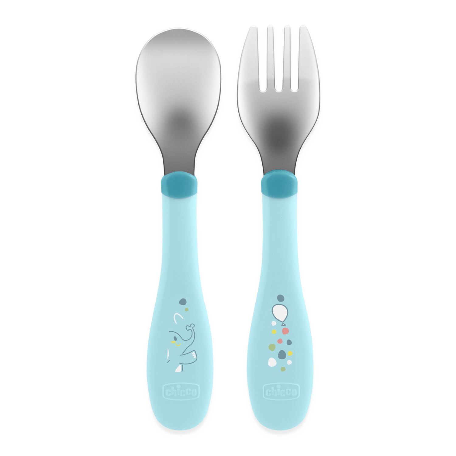 Chicco Stainless Steel Cutlery Kids Cutlery Set Porridge Fork and Spoon for Children, Stainless Steel, Easy to Port, First Food Weaning Set, 2 Pieces, 18M+, Light Blue