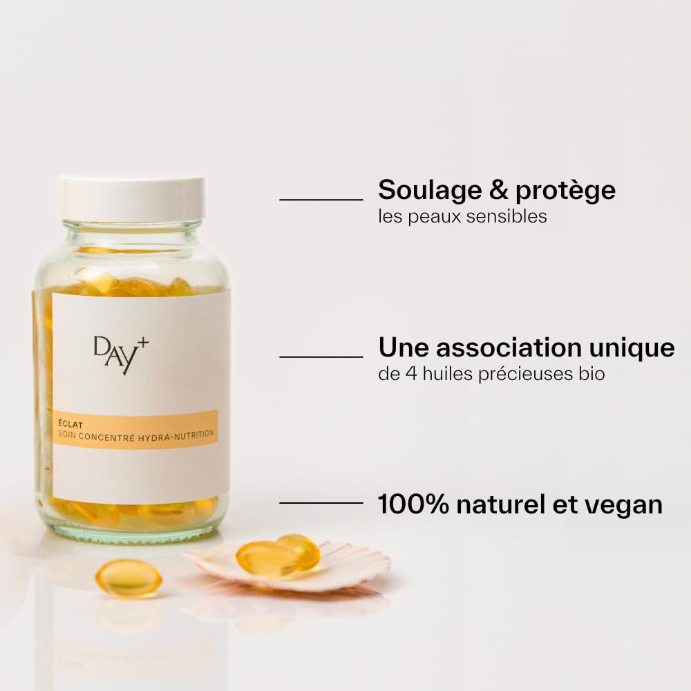 DAY+ | Soin Concentré Hydra-Nutrition | Complément alimentaire Éclat | Répare & Apaise les peaux sensibles, Repulpe la peau | 3 huiles : Chia, Onagre, Bourrache | 30 capsules Vegan