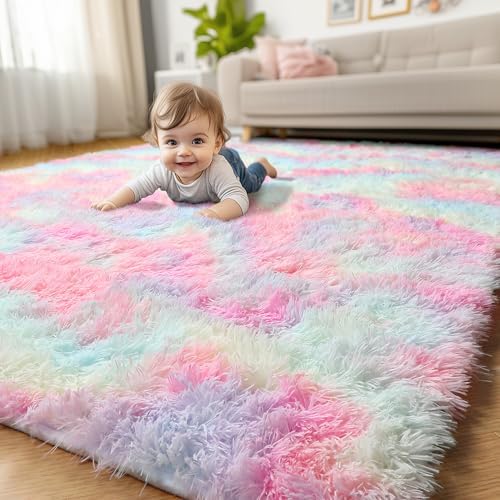 pink fluffy rug washable in playroom scene