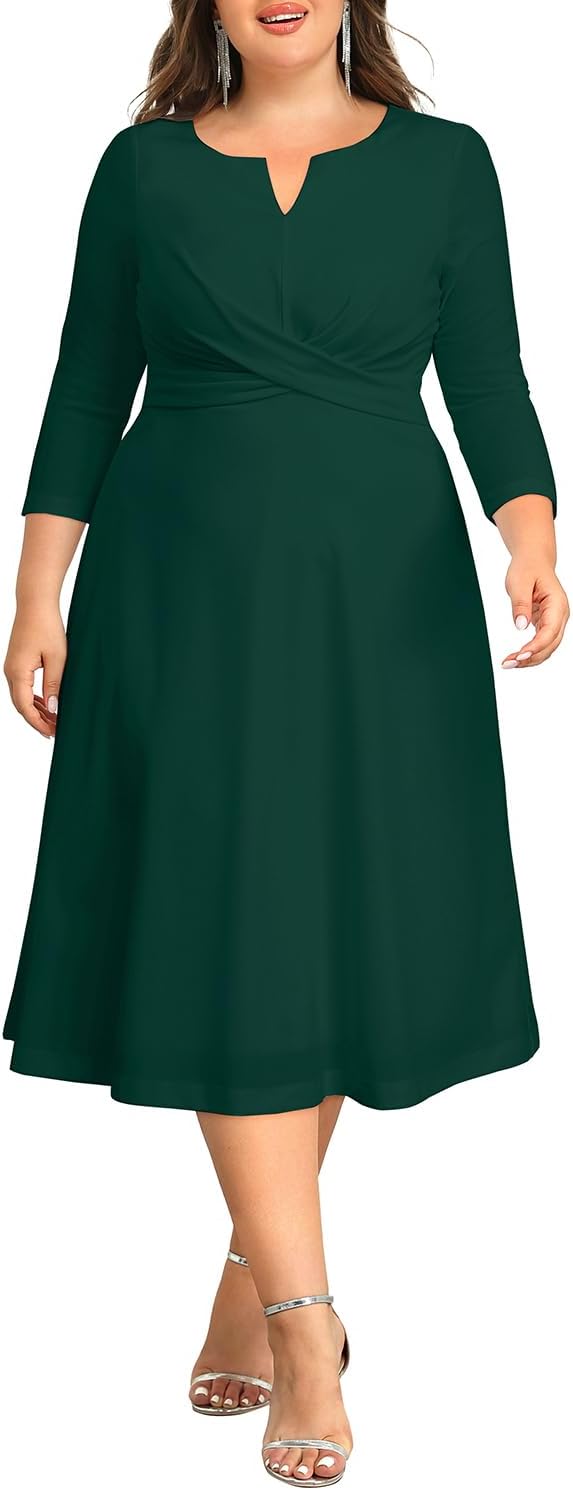 Plus Size Wedding Guest Dress - Church Midi Fall Semi Formal 3/4 Sleeve V Neck A-line Dress for Women 2025