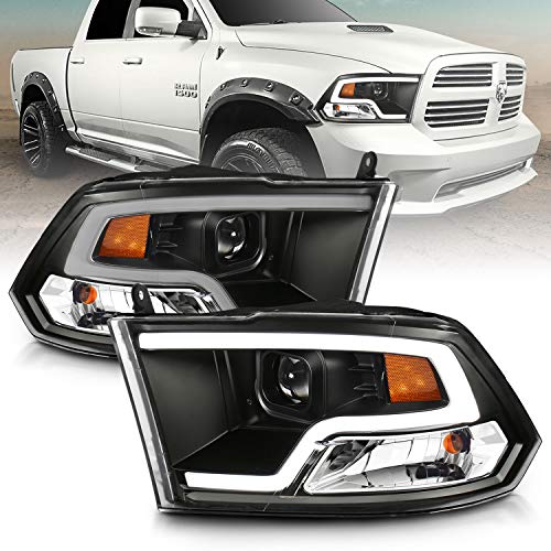 AmeriLite LED Plank Tube Black Square Projector Headlights Assembly for 2009-2019 Dodge Ram 1500 2500 3500 Pair - Driver and Passenger Side