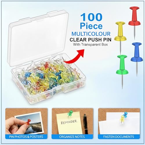 Image of 100 Pieces Steel Push Pins with Colourful Top, Durable, Strong & Sharp Thumb Tacks Pins for Notice Boards, Office & Home