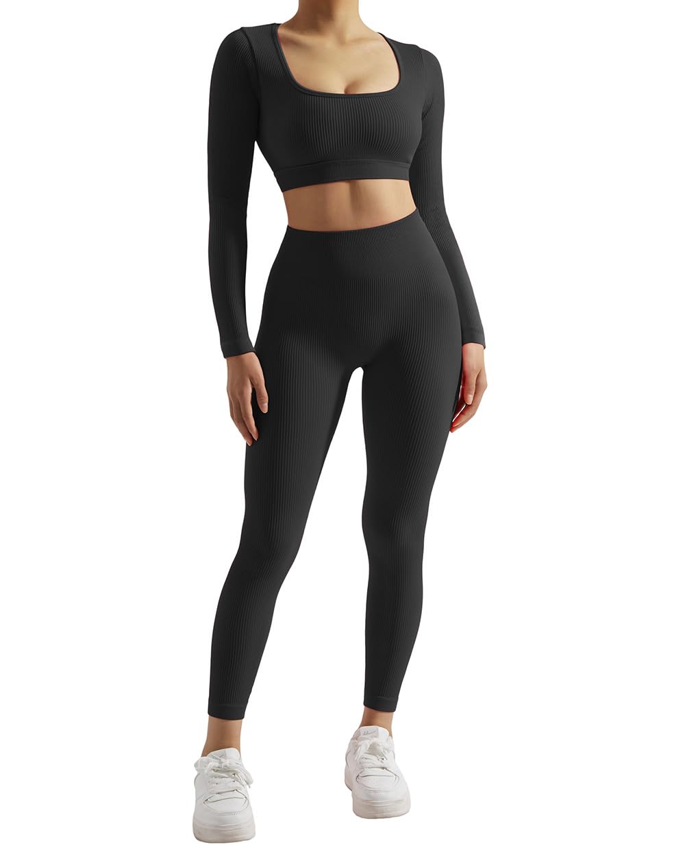 SUUKSESS 2 Piece Workout Sets for Women Long Sleeve Gym Sets Woman Butt Lifting Leggings Open Back Crop Tops: #2 Black X-Small