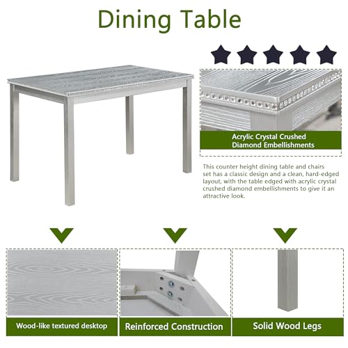 Image of KEIKI 5-Piece Standard Height Dining Table Set with Rectangular Table and 4 Upholstered Chair, for 4 Person, Crystal Decoration Wooden Table Set, Easy Assembly, for Kitchen, Dining Room, Silver Grey
