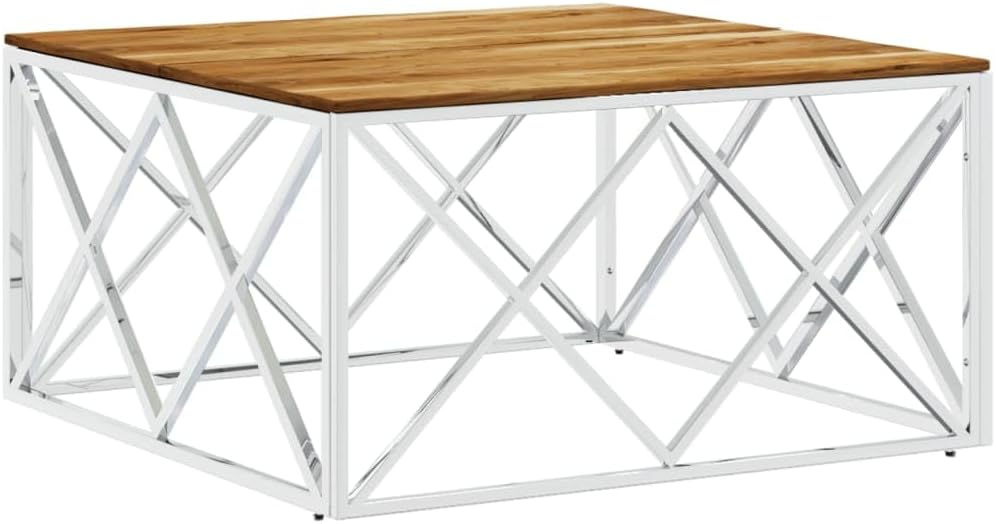 vidaXL Coffee Table, Accent Table, End Table for Living Room, Side Table, Center Table, Modern Style, Silver Stainless Steel and Solid Wood Acacia