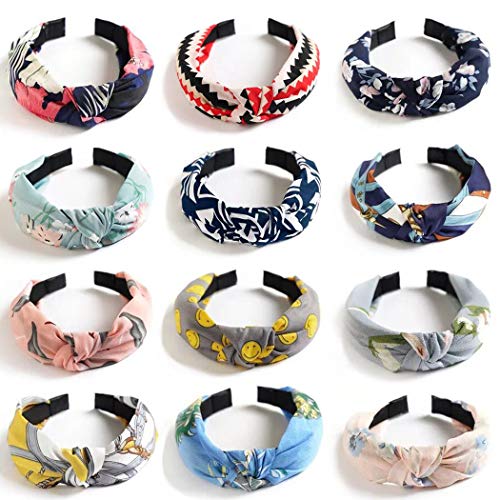 WillingTee 12 Pack Wide Headband Knot Turban Headbands Boho Headbands for Women Vintage Flower Printed Criss Cross Elastic Head Wrap