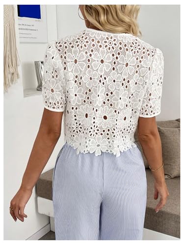 GORGLITTER Women's Floral Tie Front Short Sleeve Blouse Tops Dressy Casual Boho V Neck Eyelet Western Summer Crop Tops2