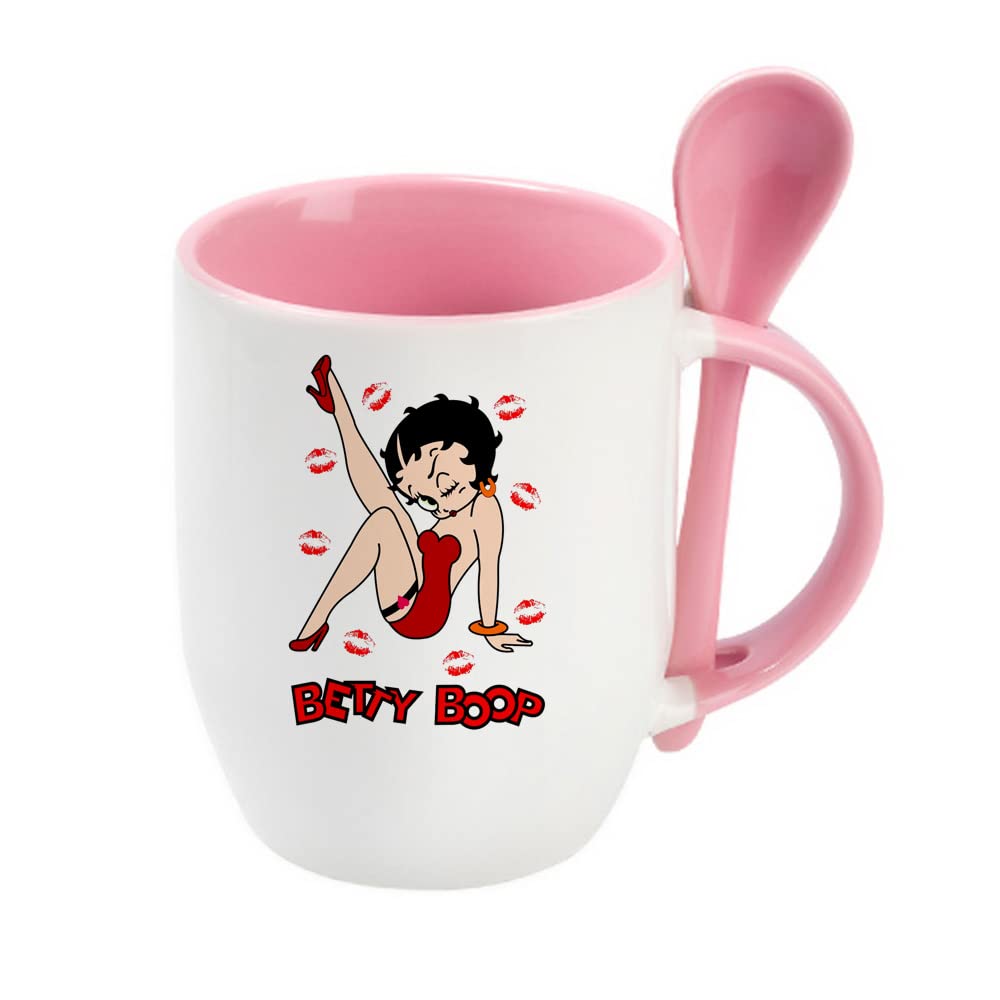 Giftme Betty Cartoon Character Birthday, Christmas Coffee Tea Mug Unique Spoon Ceramic Mug. (Pink Spoon)