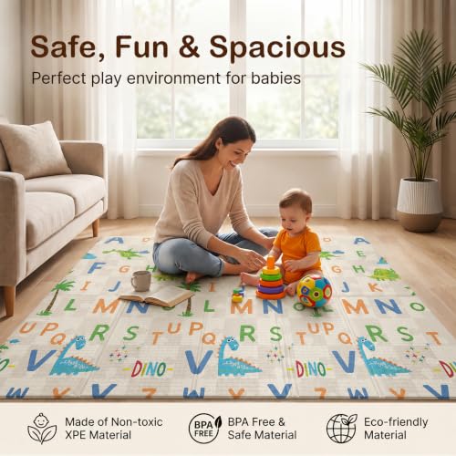 Image of StarAndDaisy Foldable Baby Play Mat 5 x 6.5 ft, 6MM Thick XPE Foam Playmat, Reversible 2-in-1 Design, Lightweight Cushioned Floor Mat for Crawling, Playing & Learning