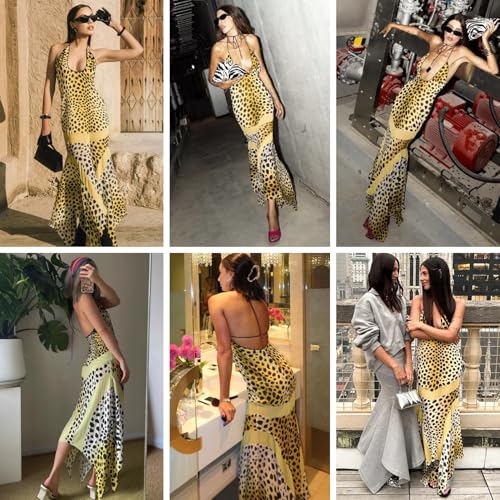 Image of Women's Sexy Halter Backless Leopard Print Maxi Dress Irregular Hem Low Cut Long Dress Party Vacation Dress