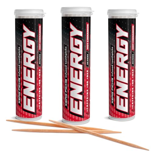 Image of Xero Picks Energy Caffeine Flavored Toothpicks B12 for focus & B6, 60 Picks (Pack of 3) (Hot Cinnamon) Sugar-Free Alternative to Energy Mints & Gum - Kosher
