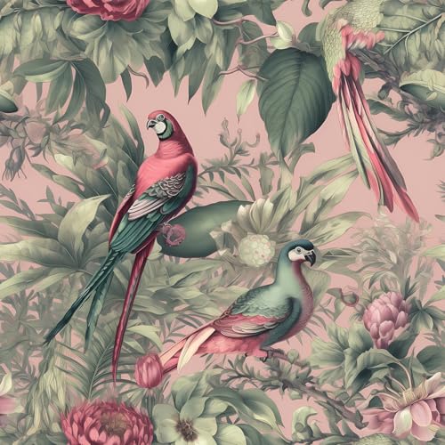 VEELIKE Exotic Pink Tropical Wallpaper Peel and Stick Jungle Parrot Wallpaper for Bedroom Bathroom 17.7''x118'' Self Adhesive Removable Tropical Floral Wall Mural Pink Contact Paper for Walls Cabinets