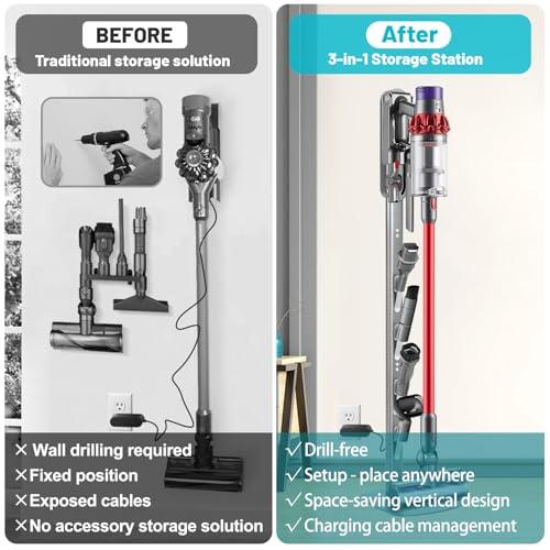 SIOMK Vacuum Stand for Dyson Gen5 V15 V12 V11 V10 V8 V7 V6, Drill-Free Standing Dock with Conceal Cables & Space-Saving Design, Stable Metal Organizer for Cordless Cleaner & Attachments, Easy Assembly by SIOMK - Image 6