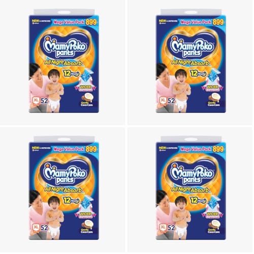 Image of Mamypoko pants All Night AbsorbPant Style Baby Diapers Size(XL), 52 Count, Ideal for 12-17Kgs|+50% wider and repeated absorption for all night 12hr protection from leakage, prevents heaviness.