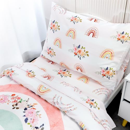 Image of Toddler Bedding Sets for Girls, Rainbow Toddler Crib Bedding Set 4 Piece Pink Floral Toddler Comforter Set Includes Flat Top Sheet, Fitted Sheet, Comforter, Envelope Pillowcase, Soft & Comfort