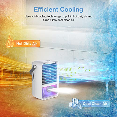 mini climatiseur portable, mini refroidisseur d'air climatiseur 4 en 1 avec aromathérapie et humidificateur, 3 vitesses mini ventilateur humidificateur avec 7 couleurs led pour maison, bureau chambre