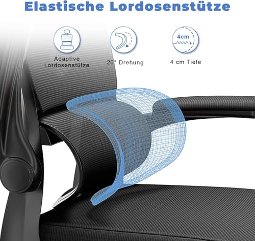 naspaluro Bürostuhl Ergonomischer, Schreibtischstuhl mit Hochklappbaren Armlehnen, Dynamischer Lordosenstütze, Höhenverstellbarer Bürostuhl mit 120° Wippfunktion, Upgrade Schwarz