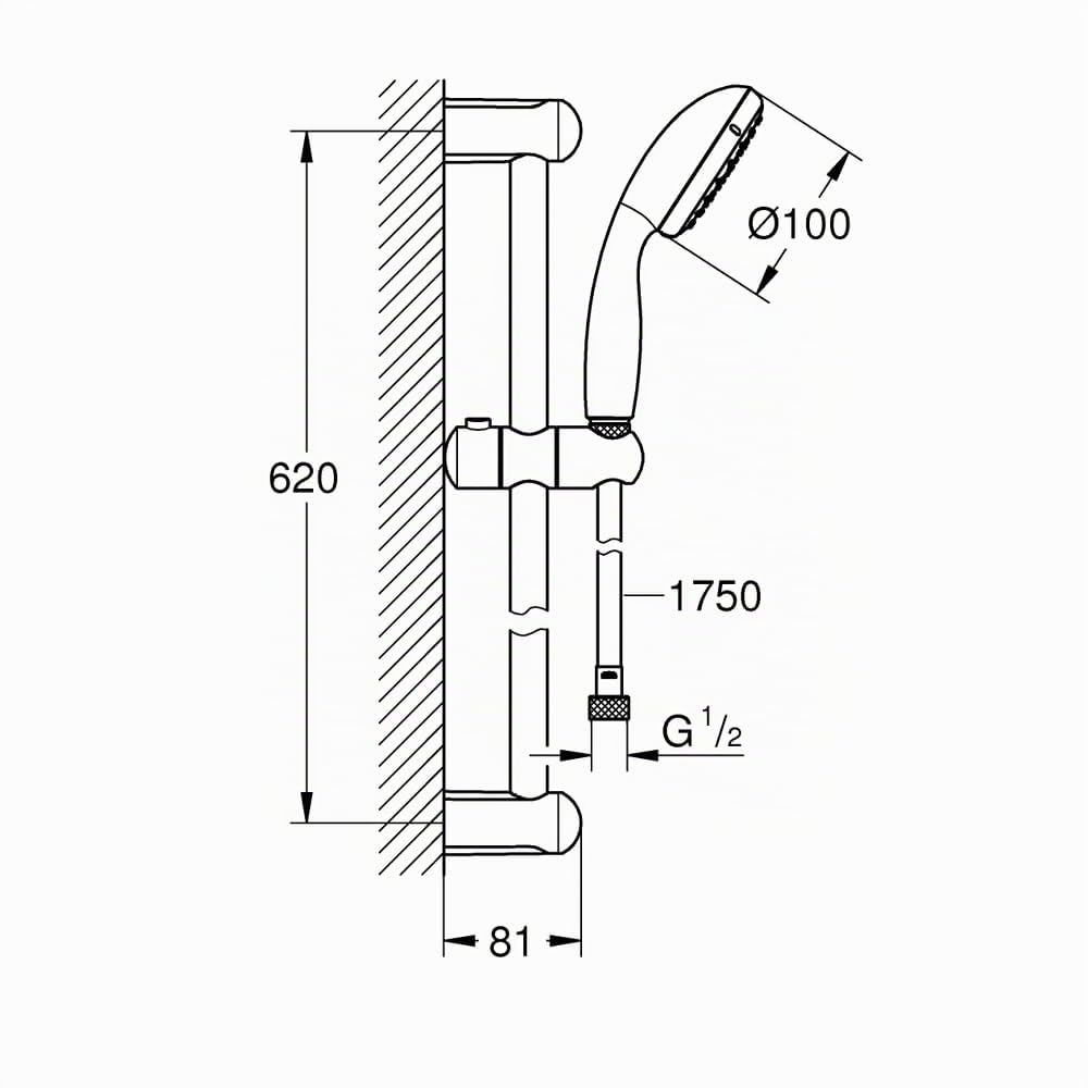 GROHE Vitalio Go 100- Conjunto de ducha (teleducha 10 cm con 1 chorro, barra ducha 62 cm, soportes de pared metal, flexo 1,75 m, menor consumo agua, instalación QuickGlue), cromo, 26196000
