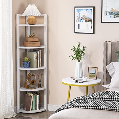 Tribesigns 5 Tier Corner Shelf, Modern Corner Bookshelf Small Bookcase Storage Rack Plant Stand for Living Room, Home Office, Kitchen, Small Space (White) - Thumbnail 3