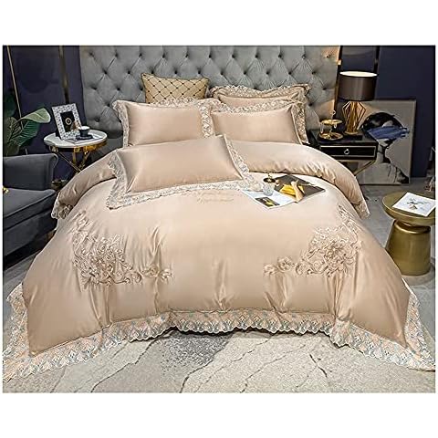 XiYou Bedding Set Queen Comforter,Quilt/Duvet Cover 4-Piece Set Lace High-end Embroidery AB Double-Sided Spring and Summer Bed Sheet Set with Fitted Sheet Cover