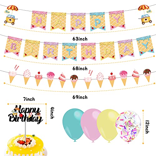 Erprobeen Ice Cream Theme Party Supplies - Ice Cream Themed Happy Birthday Banner Cake Topper 12” Color Confetti Balloons For Kids Girls School Summer Holiday Birthday Party Baby Shower Decorations #TOP3