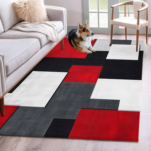 Tapete rectangular 4x6ft abstracto rojo negro blanco gris