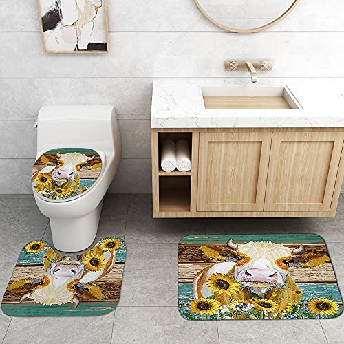 JaydenMadge-4PCSSet-Sunflower-Farm-Cow-Fabric-Shower-Curtain-Country-Flower-Livestock-Rustic-Wooden-Board-Cute-Farm-Animals-Oil-Painting-Bathroom-Decor-Non-Slip-Bath-Rugs-Soft-Toilet-Mat-Yellow JaydenMadge 4PCSSet Sunflower Farm Cow Fabric Shower Curtain Country Flower Livestock Rustic Wooden Board Cute Farm Animals Oil Painting Bathroom Decor Non Slip Bath Rugs Soft Toilet Mat Yellow