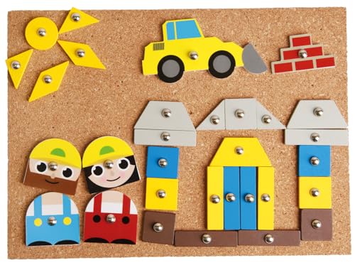 Lena 65828 Hammerspiel, Nagelspiel mit 64 bunten 8 Baustellen Teilen, Grundplatte aus Kork ca. 28 x 19,5 cm, Hammer und Nägel, Klopfspiel für Kinder ab 3 Jahre, Hämmerchenspiel, Mehrfarbig