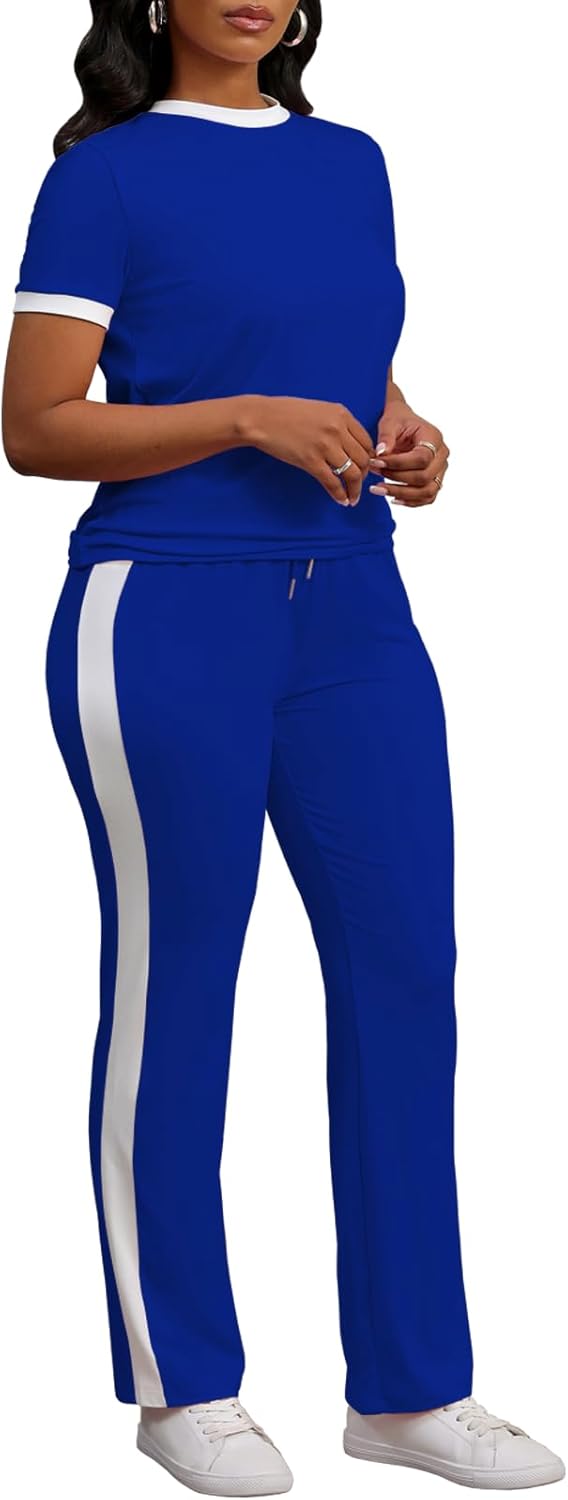 PINSV Women's 2 Piece Outfits Short Sleeve Tops Sweatpants Colorblock Bodycon Lounge Sets Tracksuit - Image 3