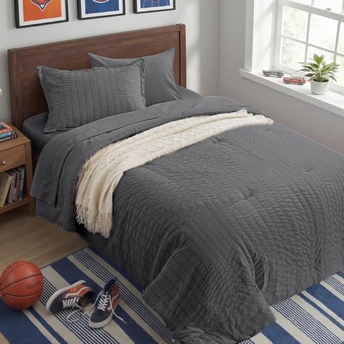 Image of Zzlpp Twin Comforter Set 5 pieces, Dark Grey Seersucker Bed in a Bag with Comforter and Sheets, All Season Bedding Sets with 1 Comforter, 1 Pillow Sham, 1 Pillowcase, 1 Flat Sheet, 1 Fitted Sheet