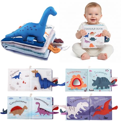 Image of SNOWIE SOFT 3D Baby Cloth Dinosaur Book 0-3 Years Soft Fabric Rustle Mirror | Sensory Play, Easy Grip Pages for Little Hands, High Contrast Patterns, Crinkle Sound, Washable Cloth, Reflective Panel