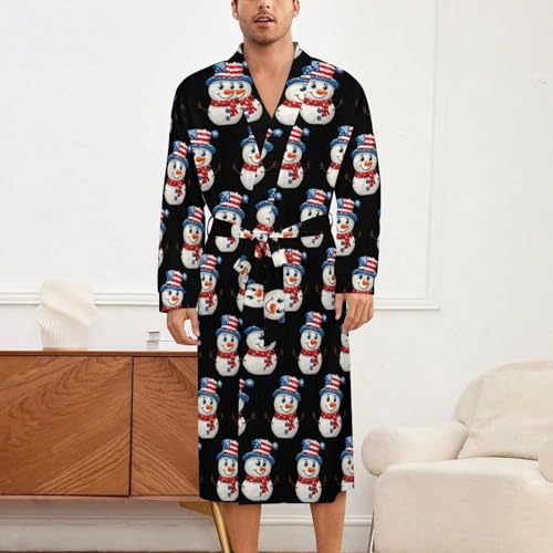 Cute Snowman With U.S. Flag Hat Soft Robe Long Sleeve Bathrobes V Neck Sleepwear Spa Robes with Belt Men Woman2