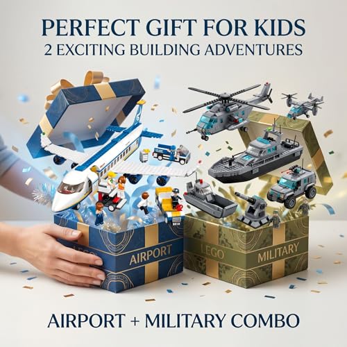 Image of SKY LINE OCEAN Airport Adventure & Naval Forces Building Block Combo Set, 622+ PCS Passenger Airplane, Airport Playset & 6-in-1 Naval Forces Construction Kit, 5-Year Structural Warranty