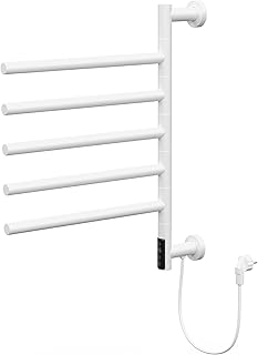 LuxeBath Handtuchwärmer Elektrisch mit 5 schwenkbaren Armen & Timerfunktion, Handtuchheizkörper Weiß glänzend, 75Watt, 45-60°C, 450x622 mm, 180°Drehung Handtuchhalter, Wandmontierter Handtuchtrockner