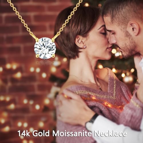 14K Solid Gold Moissanite Necklace 4-Prong Round Cut Moissanite Solitaire Diamond Necklace for Women Anniversary Jewelry Birthday Christmas Gifts for Her Mom Wife Sister, Available in 0.5CT-2CT, 16+2 Inch4