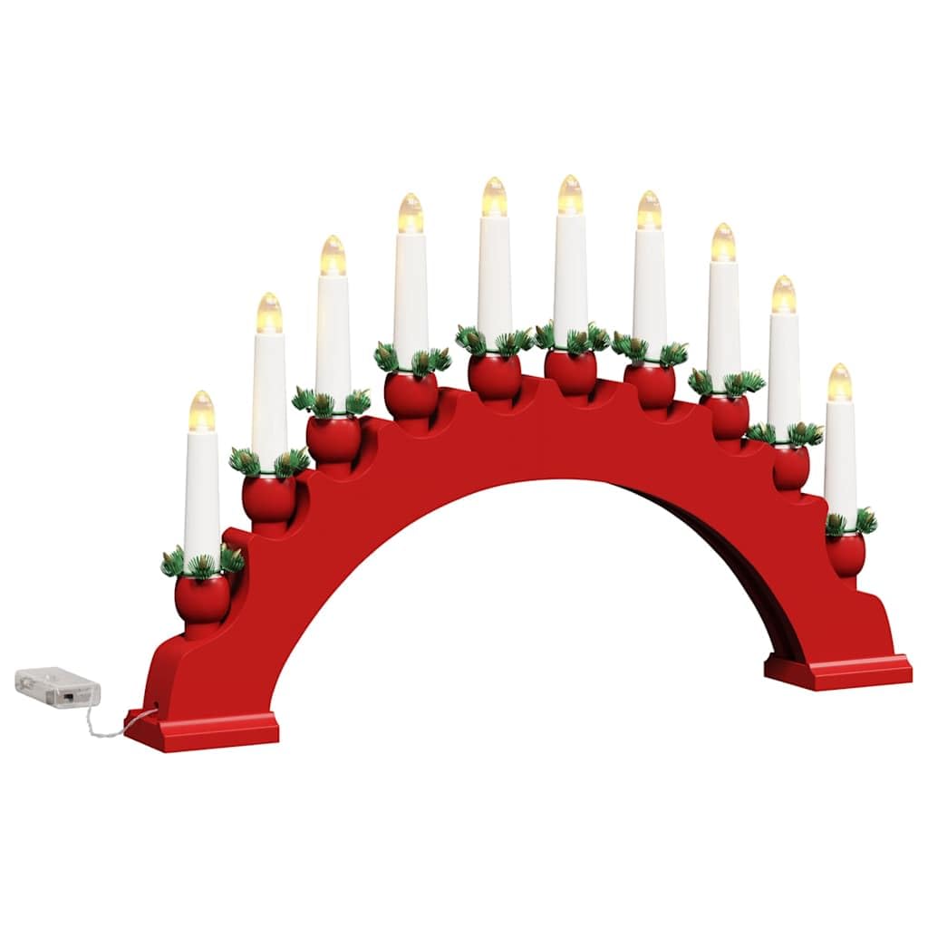 Arco de velas de Navidad de pino macizo con 10 velas LED blanco cálido, 3 unidades, color rojo, funciona con pilas, para alféizar de la chimenea, iluminación festiva de Navidad y acogedor