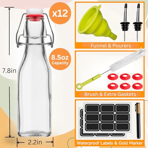 Image of Vanilla Extract Bottles [8.5 oz, 12-Pack] - Flip Top Swing Top Glass Bottles for Homemade Extracts, Kombucha, Coquito, Juice - Airtight Leak-Proof Caps with Funnel, Extra Gaskets, Labels & Marker