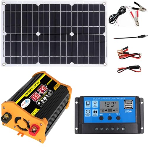 4000W 12V to 110V/220V Inverter Power Generation kit, Suitable for Sheds and Homes, high-Efficiency Solar System, Emergency Power Generation, Equipped with a 30A Controller and 18W 18V Solar Panels.