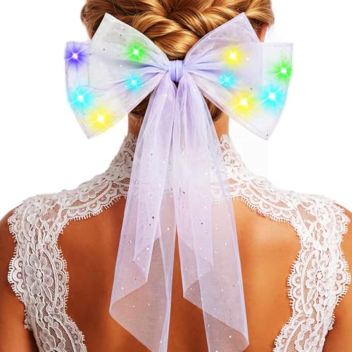 Coshies Light Up Hair Bow LED Glow Veil Bridal Clips Tulle Hair Accessories for Women
