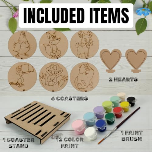 Image of BAGJI TOYS DIY Coaster Painting Kit for Kids & Adults - 6 Pre-Marked Wooden Tea Coasters with Stand, 12 Non-Toxic Water Base Colours & 1 Brush - Mandala Art & Craft DIY Set - Beginner Friendly Painting Craft Kit, Birthday & Gift Activity (MNDB2)