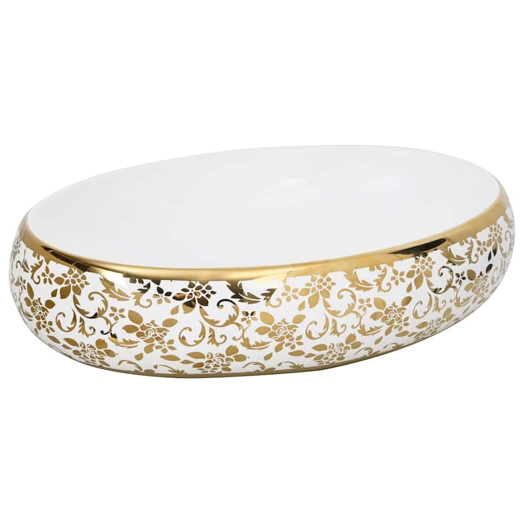vidaXL Countertop Basin, Above Counter Bathroom Sink, Wash Basin for Lavatory Cloakroom Office, Vessel Sink, White and Gold Oval Ceramic